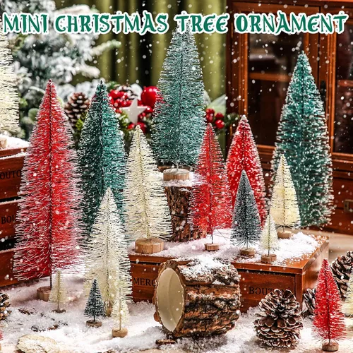 Vista 5 de Geetery 25 mini árboles de Navidad, árboles artificiales con base de madera, árbol de nieve de sisal de pueblo navideño para decoración de invierno