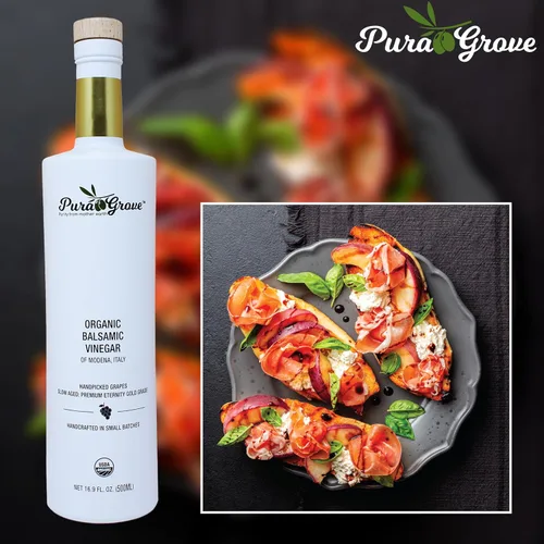 Vista 2 de Pura Grove Vinagre balsámico orgánico de Módena, Italia, consistencia fina, grado dorado de eternidad de envejecimiento lento, seleccionado a mano