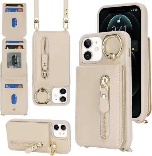 Vista 2 de Funda para iPhone 12 con tarjetero para mujer, para iPhone 12 Pro, funda para teléfono con correa, ranuras para tarjetas de crédito, bandolera