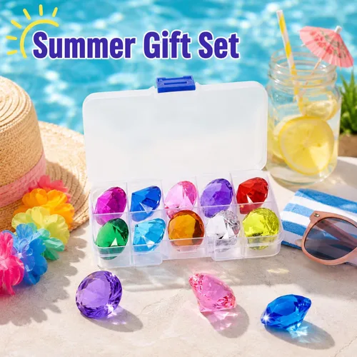 Vista 2 de Toddmomy Gemas de buceo para piscina para niños, 10 piezas de piedras preciosas acrílicas grandes con caja de almacenamiento, juguetes de piscina