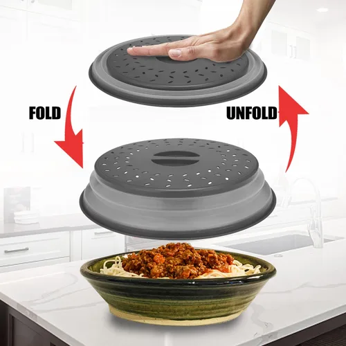 Vista 4 de Cubierta de microondas para alimentos, cubierta plegable para salpicaduras de microondas hecha de TPR apta para lavavajillas, sin BPA, color gris
