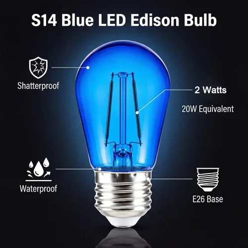 Vista 3 de Bombilla azul S14 de plástico de 2 W LED de repuesto para luces de cadena de luces interiores y exteriores, inastillable, base E26, filamento E26