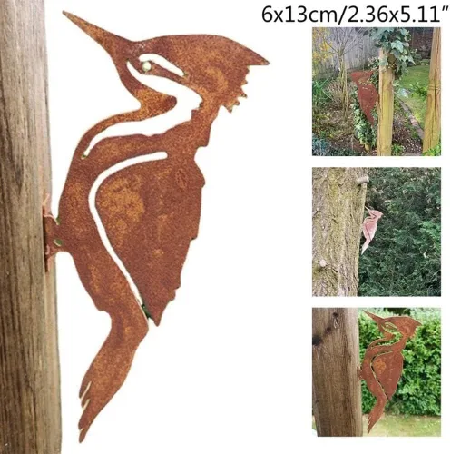 Vista 3 de WWDZ Siluetas de pájaros de metal oxidado, decoración de valla de jardín, pájaro carpintero, jardinería, campo, metal, petirrojo, patio, decoración