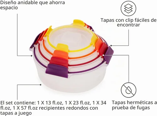 Vista 4 de Joseph Joseph Nest Lock - Juego de 8 recipientes redondos de plástico sin BPA con tapas herméticas a prueba de fugas, multicolor Azul