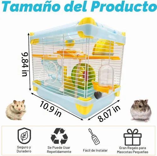 Vista 4 de Hamiledyi Jaula portátil para hámster de 2 niveles, hábitat de hámster enano, jaula de viaje para animales pequeños con rueda de ejercicio, recinto