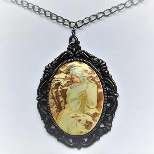 Vista 2 de Victorian Cameo Winter Lady Four Seasons Muse painting Necklace Iron Brass Bezel Romantic
