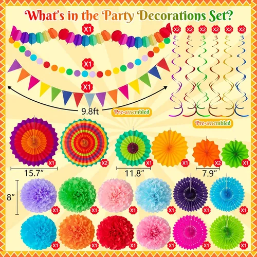 Vista 3 de Juego de 35 piezas de decoración para fiesta con abanicos de papel - Pom Poms del Cinco de Mayo, banderines, guirnaldas, pancartas, remolinos