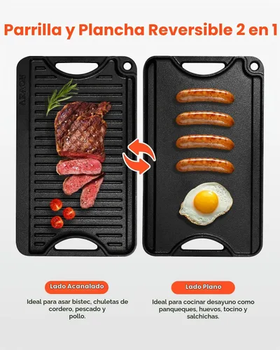 Vista 2 de VEVOR Parrilla/plancha reversible, plancha de hierro fundido pre-sazonada de 14 x 8.5 pulgadas, sartén rectangular portátil con asa, utensilios