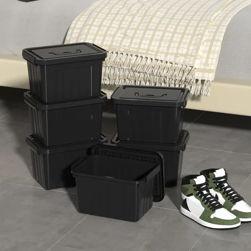 Vista 7 de Cubo de almacenamiento de plástico negro con tapa transparente y asa gris, 6 paquetes