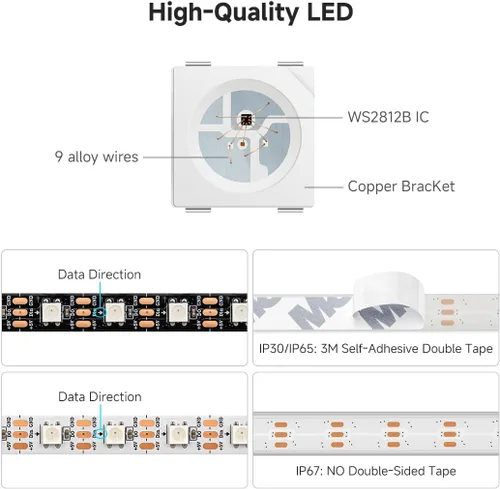 Vista 3 de BTF-LIGHTING WS2812B Tira LED RGB ECO, efectos de persecución 5050SMD direccionables individualmente, 3.3 pies, 60 píxeles/m, color de ensueño Negro