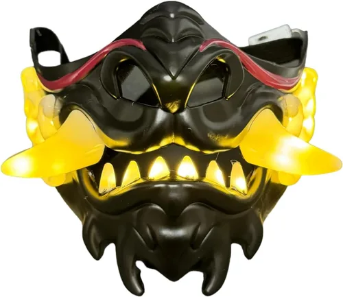 Vista 10 de Máscara de monstruo japonés Hannya, guardián, león, demonio, Oni Samurái, protección de media cara (negro)