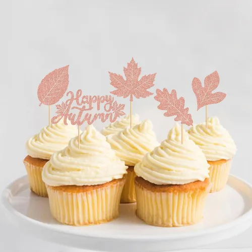 Vista 4 de Ercadio Paquete de 30 adornos para cupcakes de hojas de arce de otoño con purpurina de oro rosa y hojas de arce para decoración de otoño, cosecha
