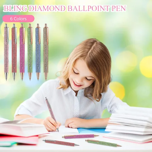 Vista 6 de Jeyiour 6 Bolígrafos Bling Lindos de Diamante con Rinstones de Boda, Bolígrafos Metálicos Retráctiles de Cristal Brillantes para Mujeres, Bolígrafo
