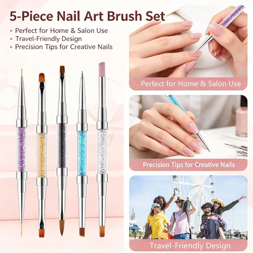Vista 3 de Juego de 5 pinceles para arte de uñas de doble extremo, mango de diamantes de imitación de cristal, kit de pinceles de uñas 2 en 1 para esmalte