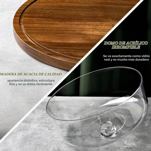 Vista 5 de ANBOXIT Soporte para pasteles con tapa de cúpula, plato de madera de acacia con tapa, soporte de exhibición de pastel de madera con cúpula acrílica