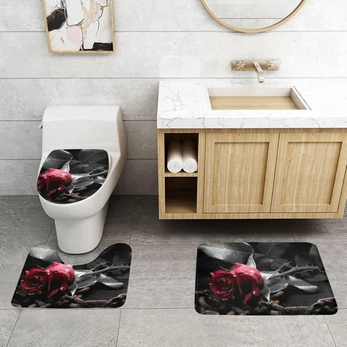 Vista 3 de FFEXS Juego de alfombras de baño de 3 piezas con estampado de rosas negras góticas, 1 alfombrilla rectangular para el suelo, 1 almohadilla de piso