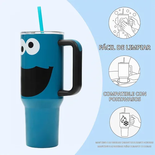 Vista 2 de Bioworld Sesame Street Cookie Monster - Vaso de acero inoxidable azul de 40 onzas con asa Monstruo galleta