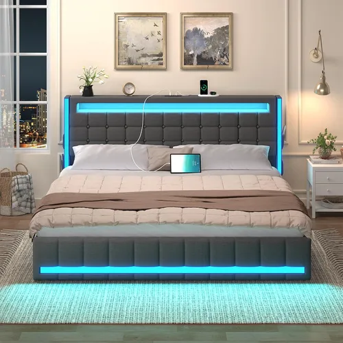 Vista 8 de CSZZD Base de cama Queen con cabecero ajustable y luces LED, base de cama de plataforma tapizada tamaño Queen con estación de carga tipo C y USB
