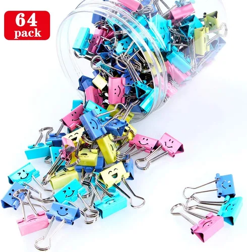 Vista 3 de 【64pack】 Clips para carpeta, clips de papel Limque, sujetapapeles con cara hueca sonriente de color, 64 piezas de tamaño surtido, para oficina