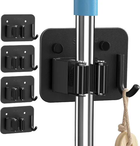 Vista 11 de Paquete de 2 soportes de pared para escobas, organizador de trapeador de acero inoxidable 304 con ganchos, sin adhesivo para taladro e instalación