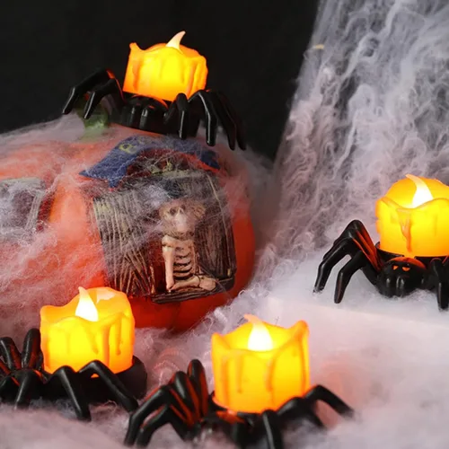 Vista 3 de YBB 12 velas de té de araña de Halloween, novedosas velas LED sin llama, funciona con pilas, lámparas de té naranja para fiesta de Halloween, mesa