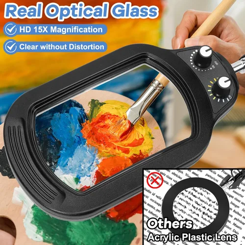 Vista 2 de Lupa rectangular 10X con luz y soporte, lupa iluminada de cristal real, manos libres, perilla mecánica, 5 modos de color, regulable sin escalones
