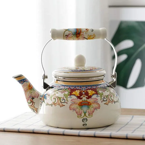 Vista 7 de Tetera de Esmalte Cerámico Floral Tetera para Estufa, Tetera Grande de Porcelana Esmaltada (blanco) (2.4L, blanco2)