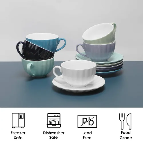 Vista 6 de amhomel Juego de 6 tazas de café y platillos de porcelana, tazas de capuchino de 4 onzas, colores fríos surtidos