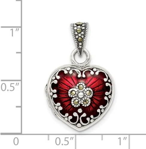 Vista 2 de JewelryWeb Medallón de plata de ley 925 con diseño de corazón de amor y marcasita, pulido artesanal, esmalte rojo y marcasita, 5/8 pulgadas x 3/4