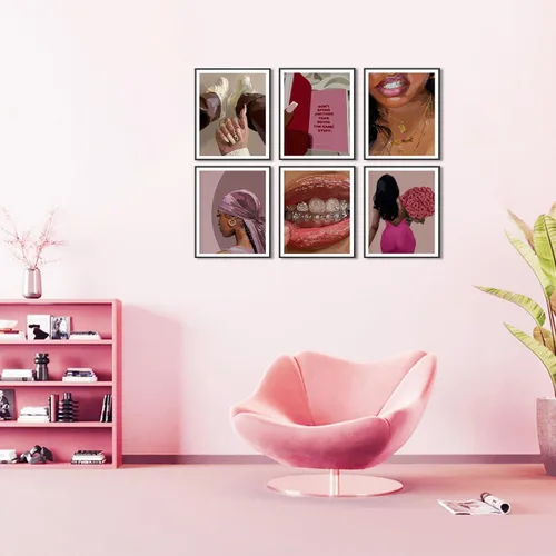 Vista 6 de Conjunto de pósteres de mujer negra de 6, arte de pared de mujeres afroamericanas de moda, pinturas decorativas abstractas para recámara y sala