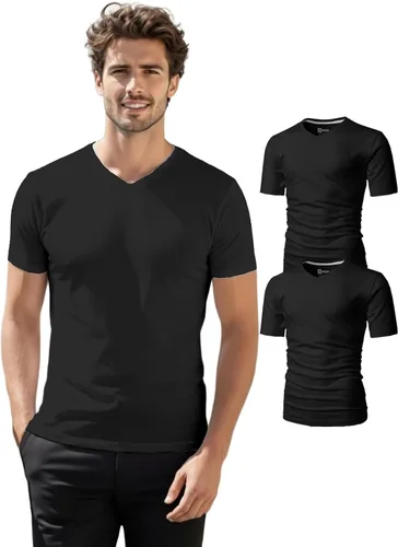 Vista 38 de H2H Camisetas para hombre - Pack de varias unidades, diseño simple, manga corta, ajuste delgado, mezcla de algodón (cuello en V/cuello redondo)
