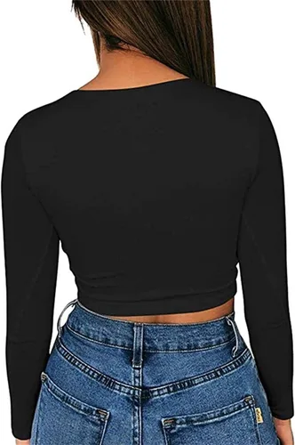 Vista 2 de Artfish Women's Long Sleeve Scoop V Neck Crop Top 04# Cuello en V Negro