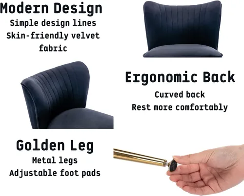 Vista 3 de Shunzhi Juego de 2 sillas decorativas de terciopelo negro con patas doradas, sillas laterales tapizadas modernas de mediados de siglo