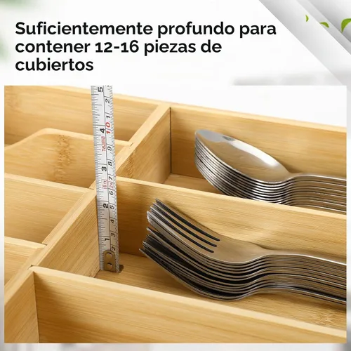 Vista 3 de Fabsome Organizador de cubiertos para cajones de cocina, bandeja de cubiertos de madera de bambú de 2.5 pulgadas de profundidad y 12.8 pulgadas