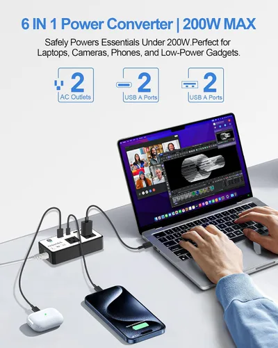Vista 6 de Convertidor de voltaje de 200 W de EE. UU. a Europa, adaptador de corriente de viaje reductor con 4 puertos USB, 2 salidas de CA para alisador