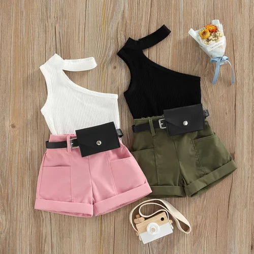 Vista 7 de Adobabirl Conjunto de ropa de verano para niña pequeña, sin mangas, acanalada, top halter y pantalones cortos, ropa de moda para niños con cinturón