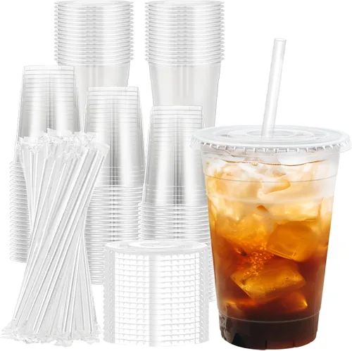 Vista 12 de Lamosi Paquete de 100 vasos de plástico transparente de 12 onzas con tapas y pajitas, tazas desechables para café helado con tapas para bebidas