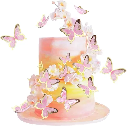 Vista 22 de 38 bolas de oro rosa para decoración de tartas, flores artificiales rosadas, decoraciones de pasteles de mariposa para decoración de pasteles