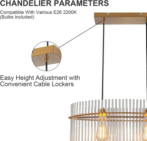 Vista 4 de Lámpara de Araña de Cristal Moderna de 2 Luces D23.6 Lámpara de Araña de Comedor Sobre Mesa Luminaria de Techo Colgante Contemporánea Altura