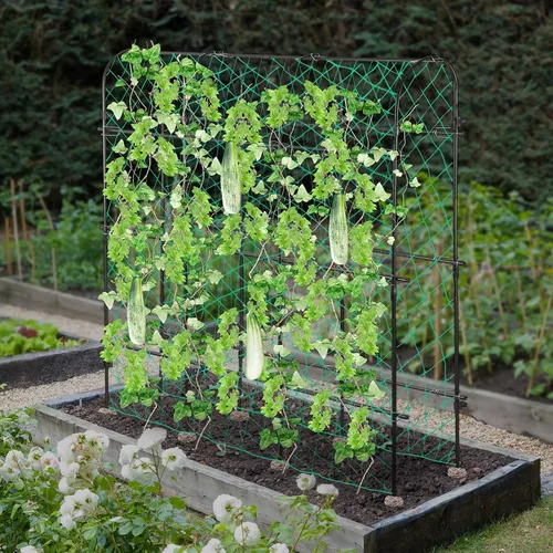 Vista 7 de Enrejado de pepino de jardín de 71 x 71 pulgadas para plantas trepadoras al aire libre, enrejado de metal grande en forma de U negro, soporte