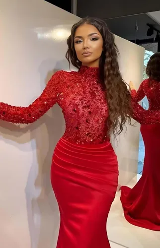 Vista 2 de Vestidos de fiesta de noche con lentejuelas brillantes y cuello alto para mujer, de satén, manga larga, vestidos de fiesta de noche
