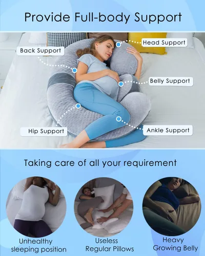 Vista 5 de QUEEN ROSE Almohada de embarazo en forma de E con cuña desmontable, almohada de maternidad ajustable de cuerpo completo para dormir, funda