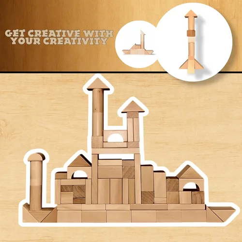 Vista 2 de MOD Complete Juego de bloques de construcción de madera de 100 piezas, incluye tapa clasificadora de formas resistente y cubo de almacenamiento