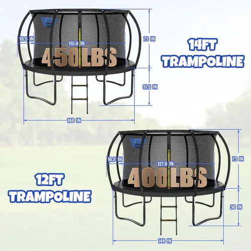 Vista 7 de Kiivakii Trampolín de 12, 14, 16 pies, trampolines grandes para exteriores para niños y adultos, trampolines recreativos con aro de baloncesto