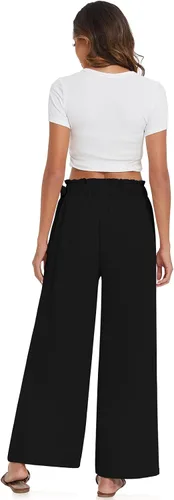 Vista 4 de UEU Pantalones casuales de pierna ancha para mujer, de verano, cintura alta, nudo lateral, ligeros, sueltos, holgados, con bolsillos, Negro