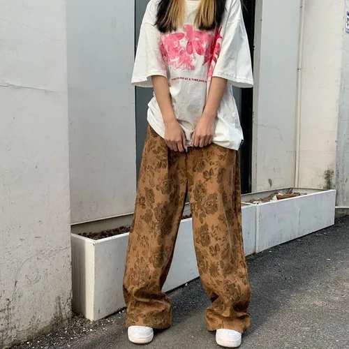 Vista 5 de CYee Grunge Pantalones holgados Y2K Acubi Pantalones de pana pantalones de pana con estampado de rosas Pantalones de pierna ancha Pantalones