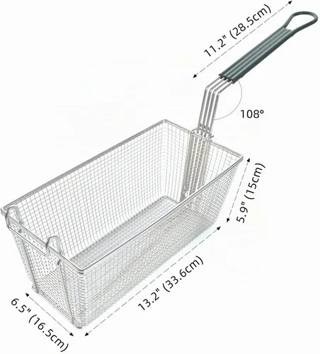 Vista 3 de Cesta para freidora profunda con ganchos frontales, mango antideslizante, cesta de 13.2 x 6.5 x 5.9 pulgadas, mango largo de 11.2 pulgadas, fácil