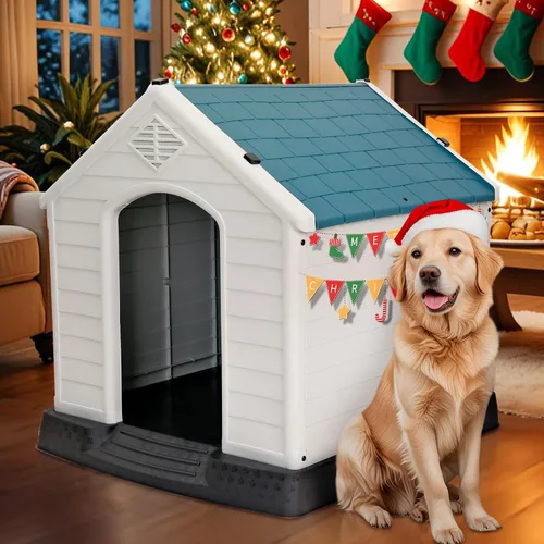 Vista 14 de Casa de plástico resistente al agua para perros pequeños a grandes, refugio para cachorros de interior con rejillas de ventilación y piso elevado