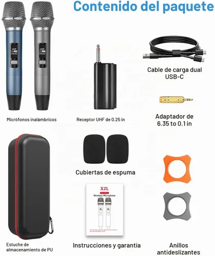 Vista 8 de Micrófonos Inalámbricos UHF Recargables, Dos Micrófonos de Mano de Metal con Receptor de 1/4", Plug-and-Play para Altavoz y Sistema PA, Karaoke