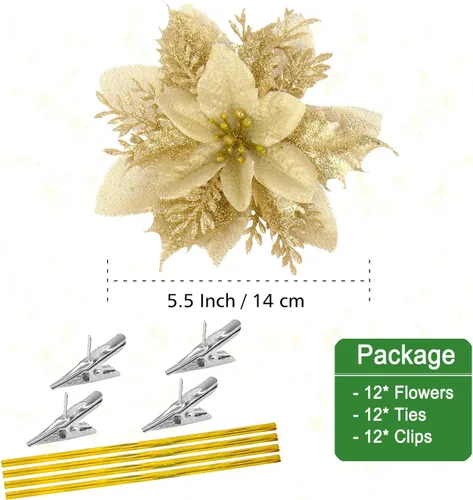 Vista 3 de Gardeningwill Paquete de 12 adornos colgantes dorados de 5 pulgadas con forma de flor con purpurina para fiestas